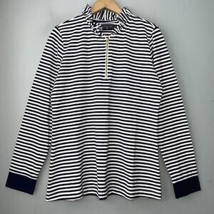 Duffield Lane Size Medium Navy White Striped 1/4 Zip Pullover Top Nautical Prep